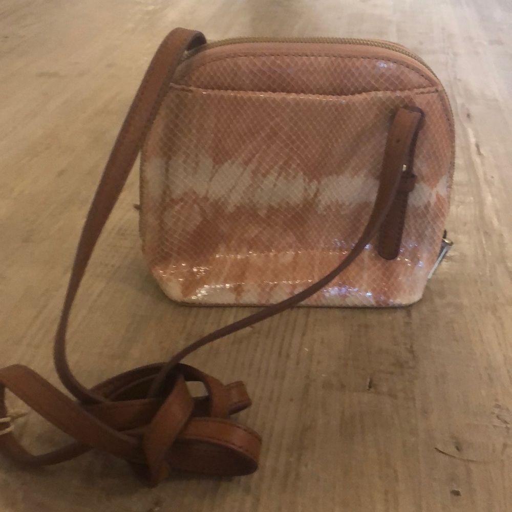 Crossbody tan and cream faux snake skin leather